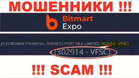 302914 - VFSC - это регистрационный номер BitmartExpo Com, который приведен на официальном сайте организации