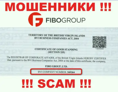 На интернет-портале мошенников Fibo Forex опубликован этот номер регистрации указанной компании: 549364