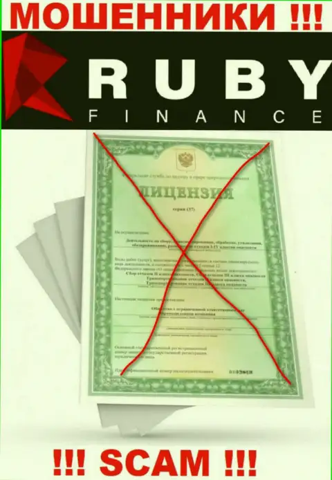 Совместное сотрудничество с компанией RubyFinance World может стоить вам пустого кошелька, у указанных internet-мошенников нет лицензии
