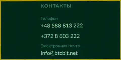 Телефон и электронка online-обменника БТКБит