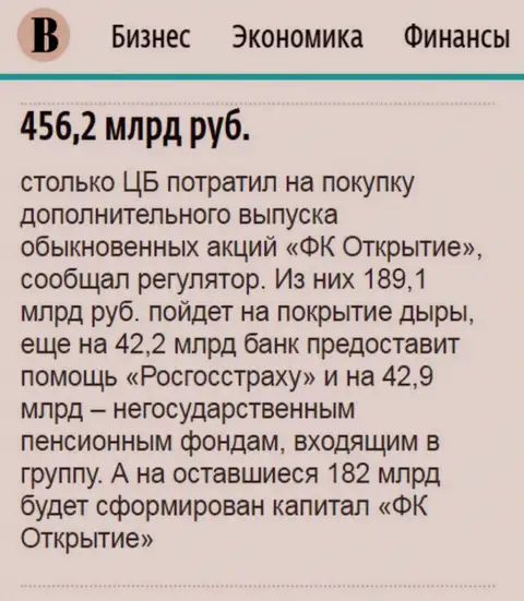 Как сообщается в издании Ведомости, где-то пол трлн. рублей ушло на спасение от банкротства АО Открытие холдинг