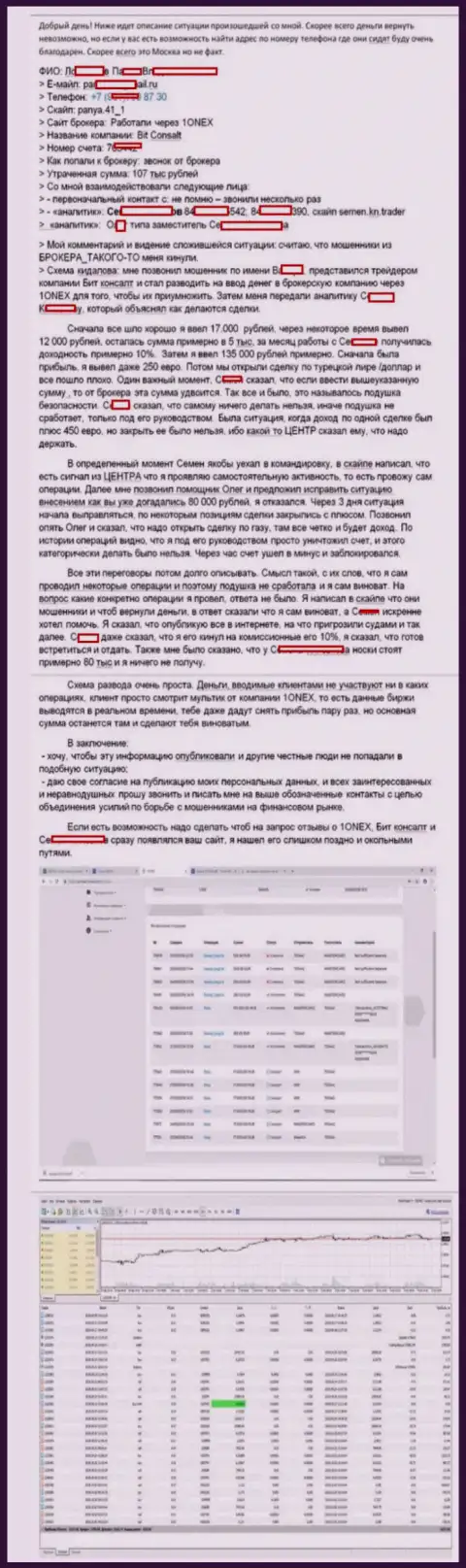 Подробная схема кидалова forex трейдера шулерами из 1 Онекс на сумму 107 тысяч рублей